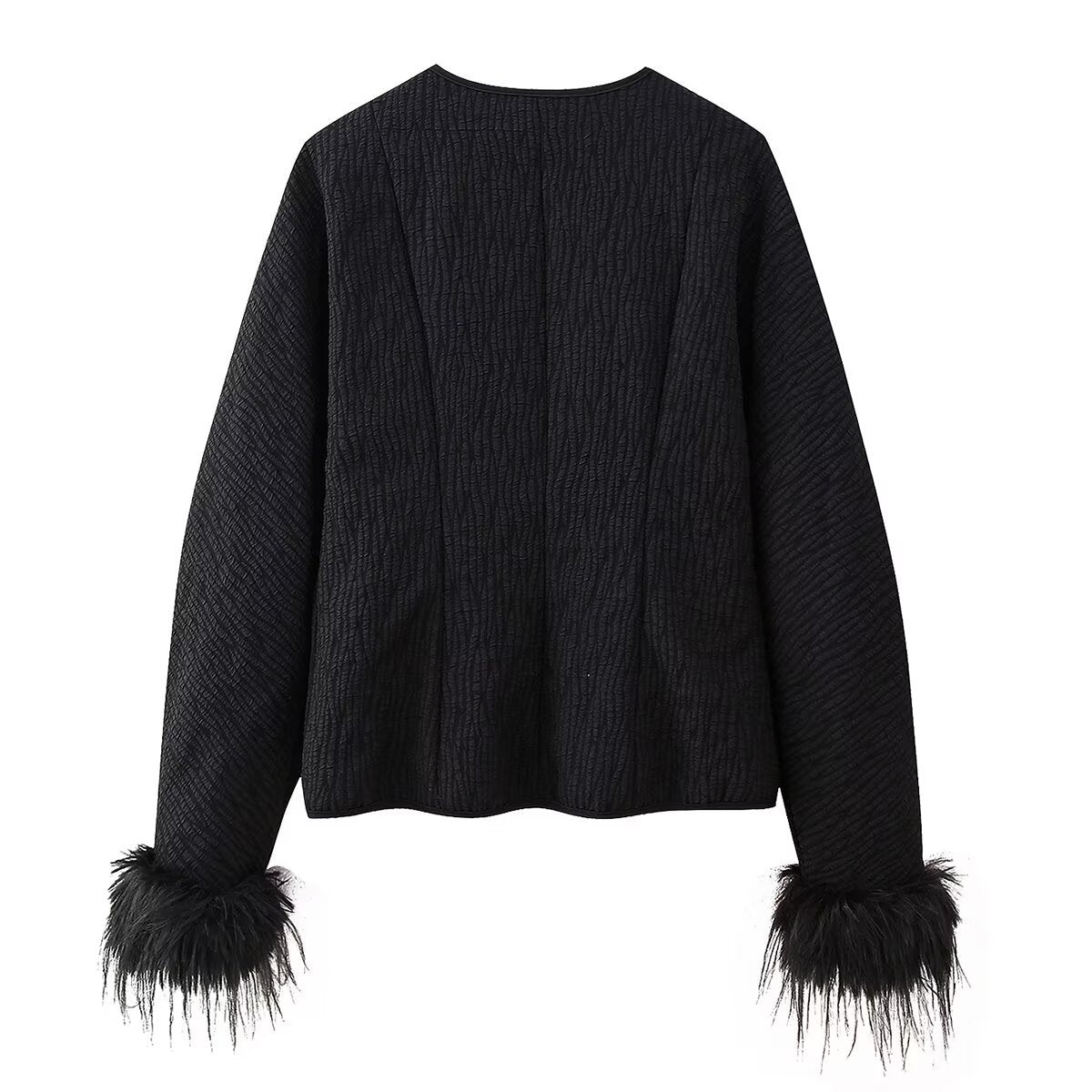 Round neck single breasted solid color fur cuff jacket for women