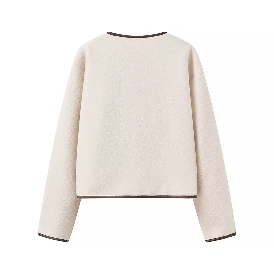 Round neck lace up contrasting edge pocket jacket for women