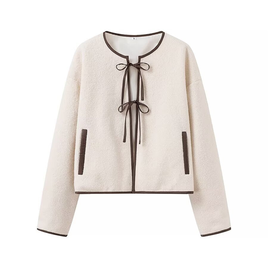 Round neck lace up contrasting edge pocket jacket for women