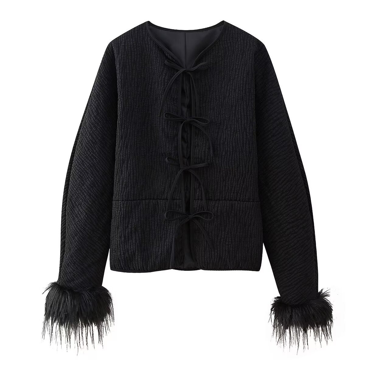 Round neck single breasted solid color fur cuff jacket for women