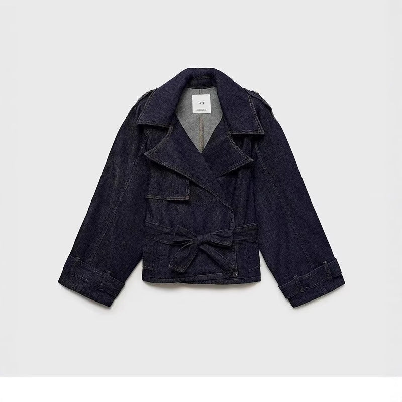 Collar long sleeved waistband denim jacket for women