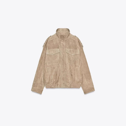 Versatile stand up collar long sleeved pocket jacket for women