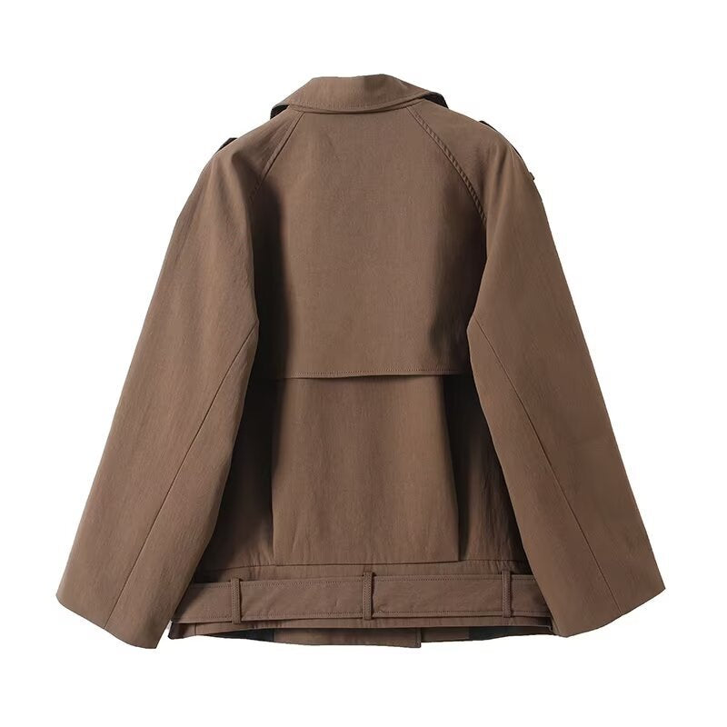 Casual versatile lapel long sleeved waistband buckle solid color jacket for women
