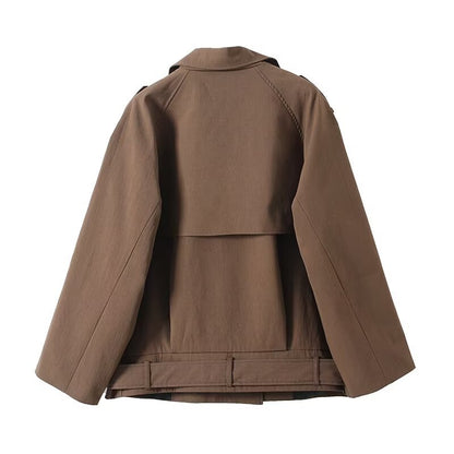 Casual versatile lapel long sleeved waistband buckle solid color jacket for women