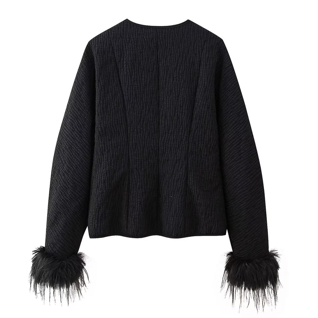 Round neck single breasted solid color fur cuff jacket for women