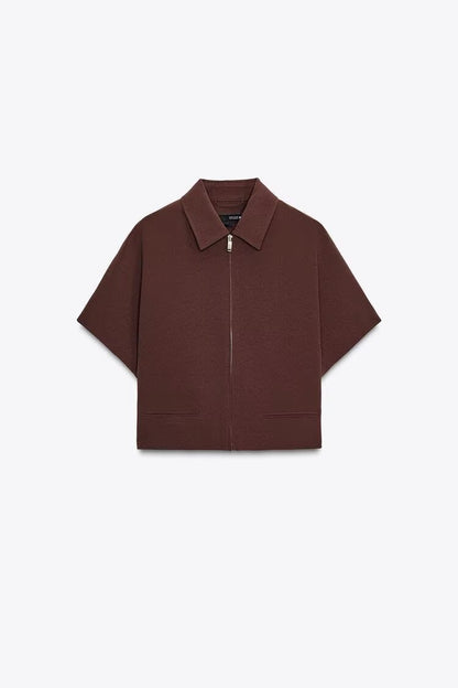 Zipper short sleeved short jacket straight tube long woman