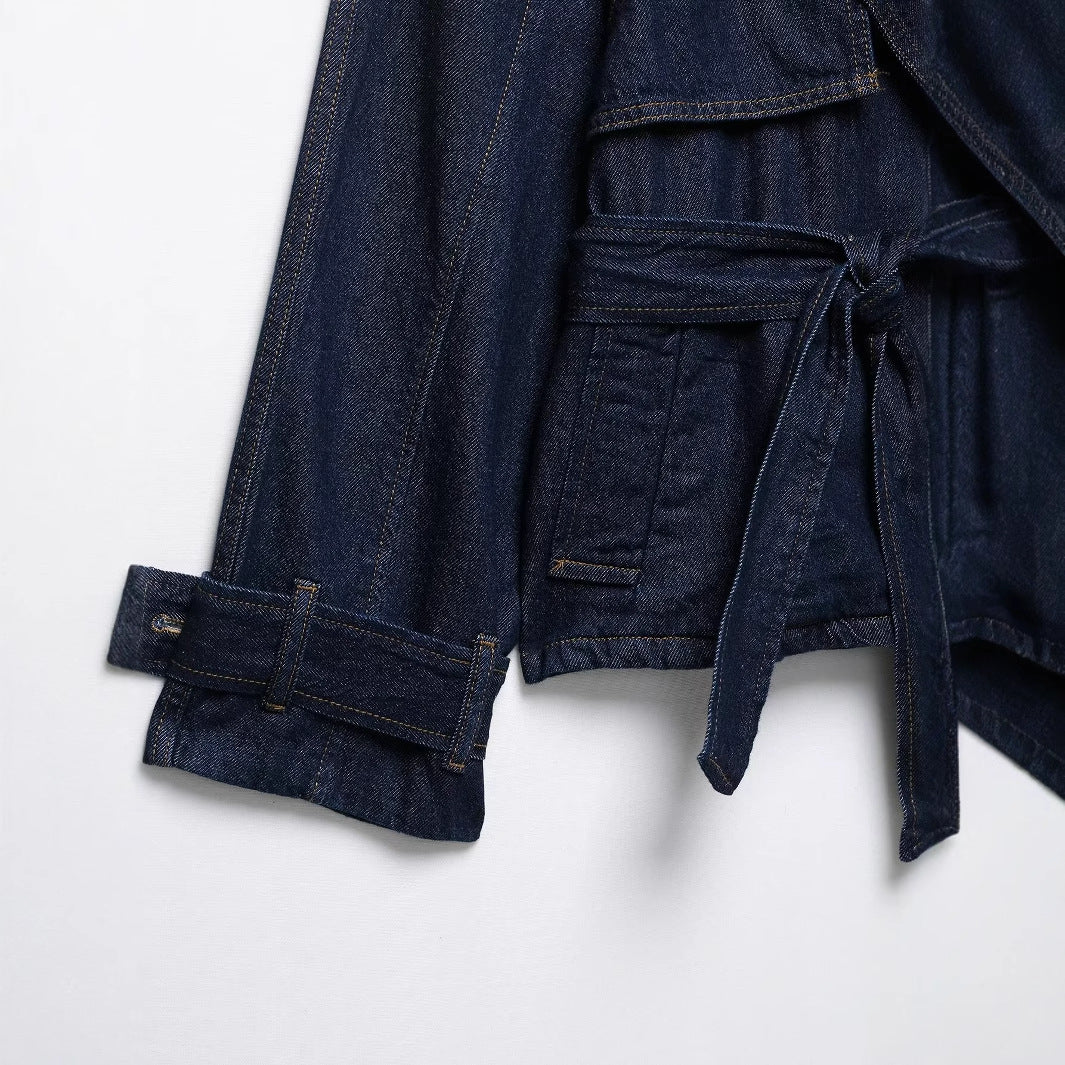 Collar long sleeved waistband denim jacket for women