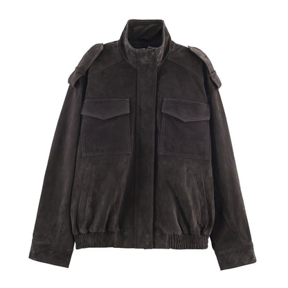 Versatile stand up collar long sleeved pocket jacket for women