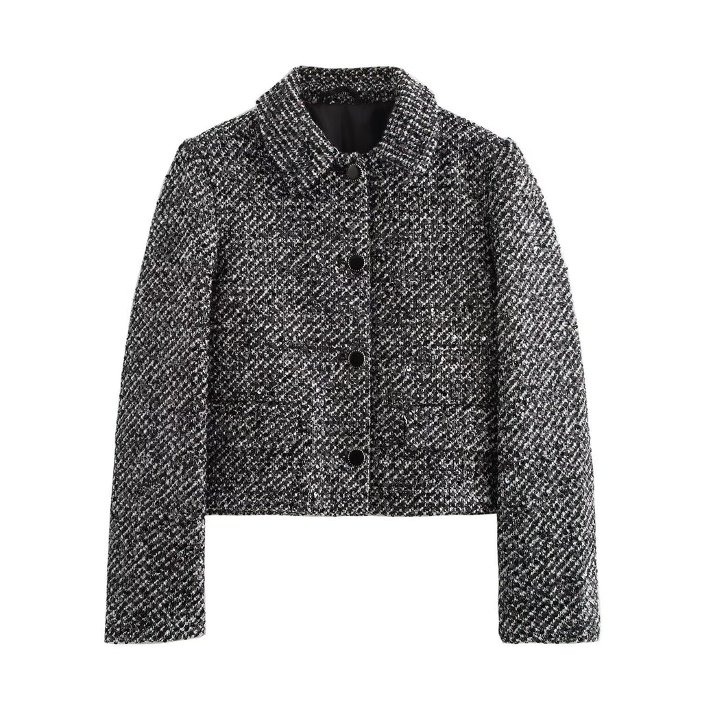 Women's collar long sleeved breasted linen gray textured jacket