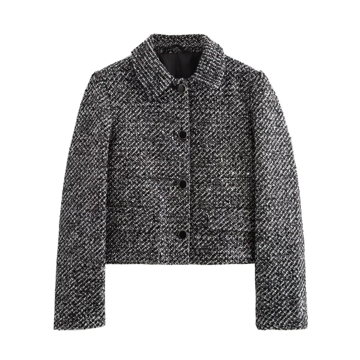 Women's collar long sleeved breasted linen gray textured jacket