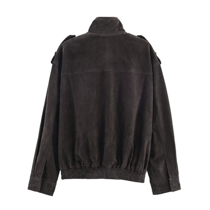 Versatile stand up collar long sleeved pocket jacket for women