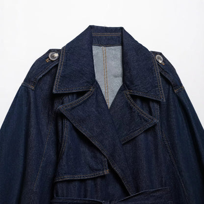 Collar long sleeved waistband denim jacket for women