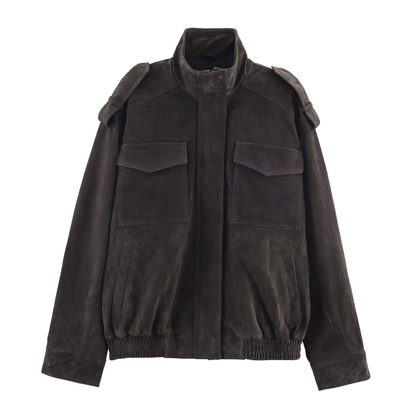 Versatile stand up collar long sleeved pocket jacket for women