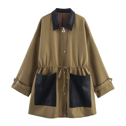 Collar long sleeved large pocket trench coat contrasting color coat for women