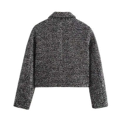 Women's collar long sleeved breasted linen gray textured jacket