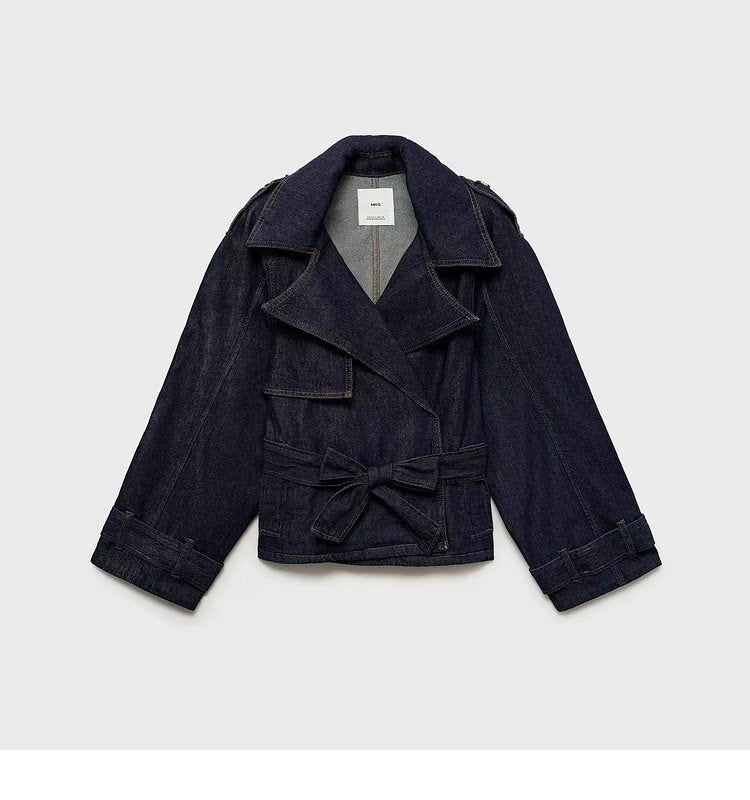 Collar long sleeved waistband denim jacket for women