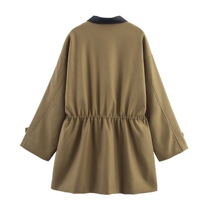 Collar long sleeved large pocket trench coat contrasting color coat for women